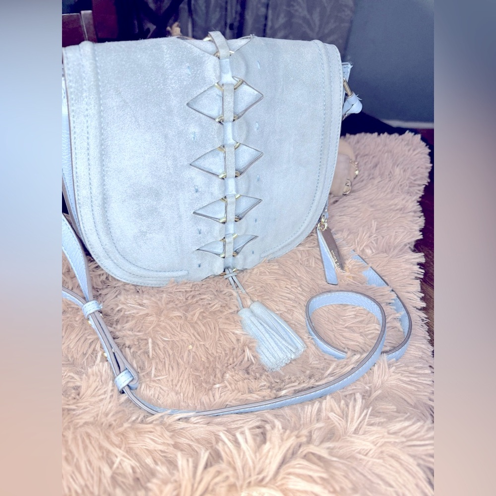 Vince Camuto Suede & Leather Crossbody Shoulder Saddle Bag Ancel Blue Heaven
